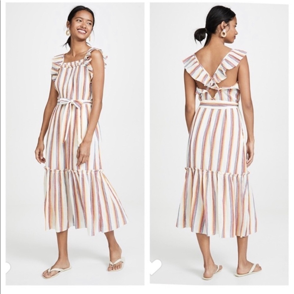 Saylor Dress NWOT Goldia Striped Criss Crossed Back Ruffle Midi Dress New